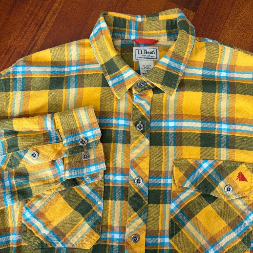 LL Bean Yellow Plaid Organic Cotton Elbow Pad Long Sleeve Flannel Shirt L